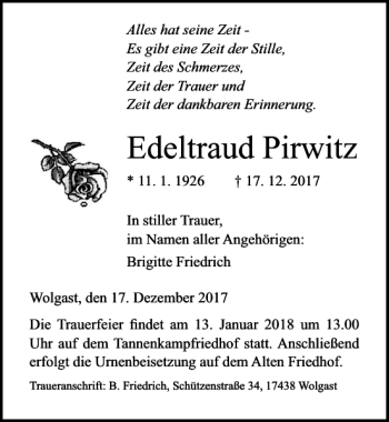 Traueranzeige von Edeltraud Pirwitz von Ostsee-Zeitung