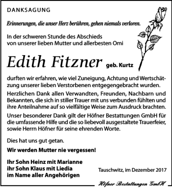 Traueranzeige von Edith Fitzner von Torgauer Zeitung