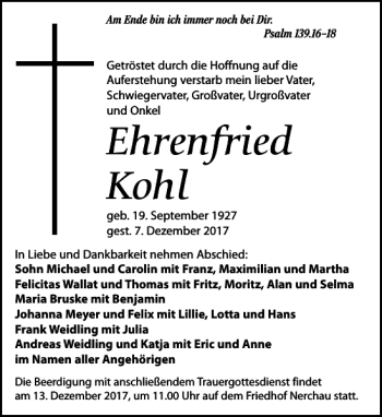 Traueranzeige von Ehrenfried Kohl von Leipziger Volkszeitung