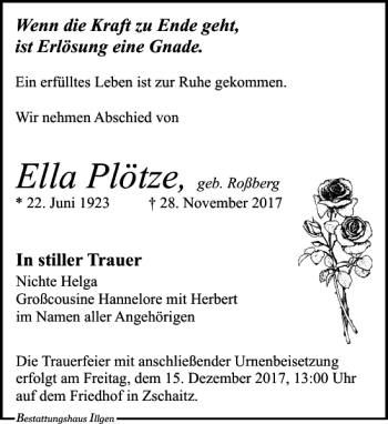 Traueranzeige von Ella Plötze von Leipziger Volkszeitung