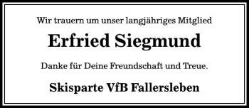 Traueranzeige von Erfried Siegmund von Aller Zeitung / Wolfsburger Allgemeine