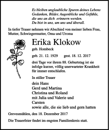 Traueranzeige von Erika Klokow von Ostsee-Zeitung