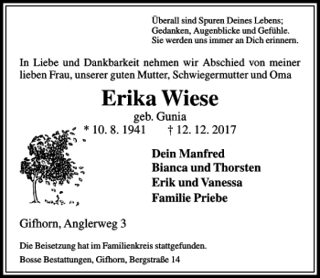 Traueranzeige von Erika Wiese von Aller Zeitung / Wolfsburger Allgemeine