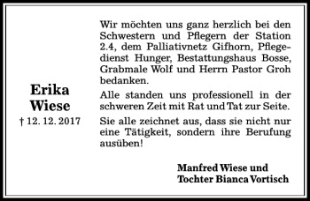 Traueranzeige von Erika Wiese von Aller Zeitung / Wolfsburger Allgemeine