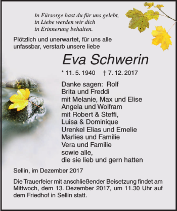 Traueranzeige von Eva Schwerin von Ostsee-Zeitung