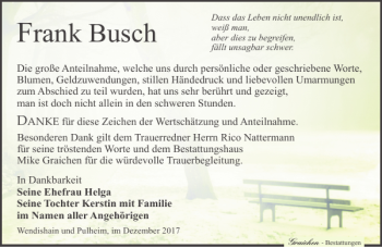 Traueranzeige von Frank Busch von Leipziger Volkszeitung