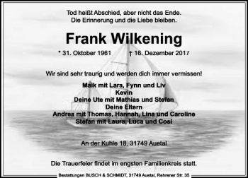 Traueranzeige von Frank Wilkening von Schaumburger Nachrichten