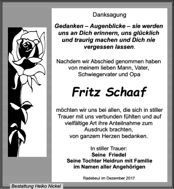 Traueranzeige von Fritz Schaaf von Leipziger Volkszeitung