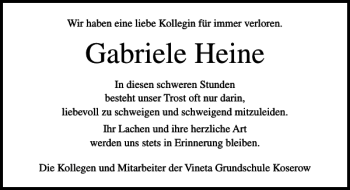 Traueranzeige von Gabriele Heine von Ostsee-Zeitung