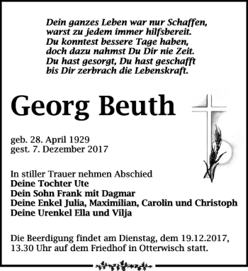 Traueranzeige von Georg Beuth von Leipziger Volkszeitung
