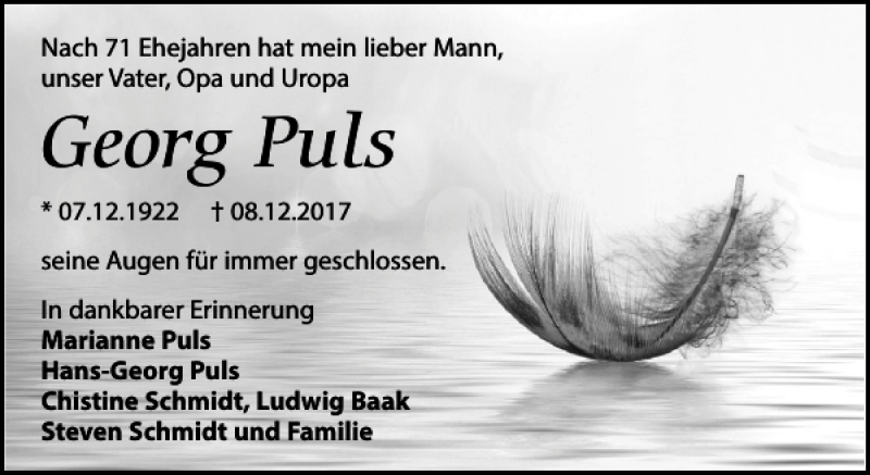  Traueranzeige für Georg Puls vom 16.12.2017 aus Leipziger Volkszeitung