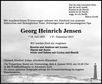 Traueranzeige von Georg Heinrich Jensen von Kieler Nachrichten / Segeberger Zeitung