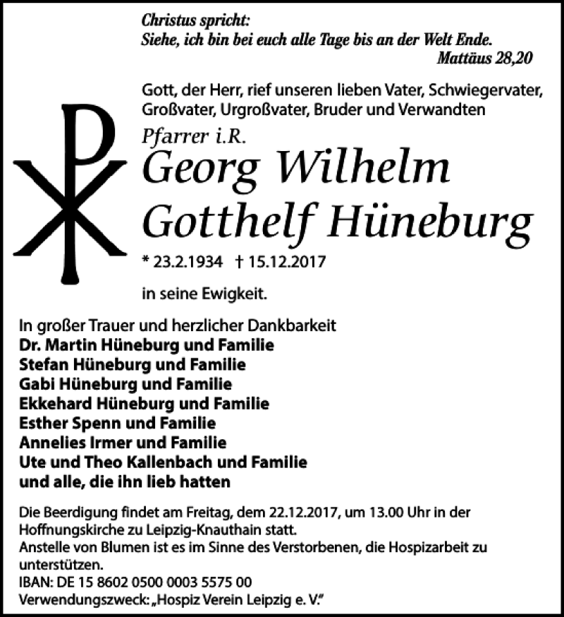  Traueranzeige für Georg Wilhelm Gotthelf Hüneburg vom 20.12.2017 aus Leipziger Volkszeitung