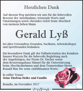 Traueranzeige von Gerald Lyß von Leipziger Volkszeitung