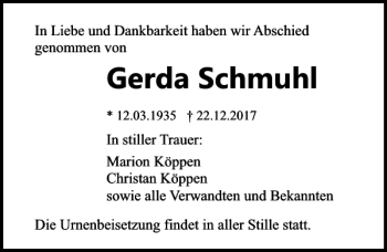 Traueranzeige von Gerda Schmuhl von Ostsee-Zeitung