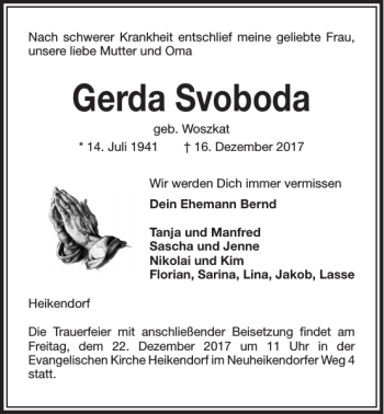 Traueranzeige von Gerda Svoboda von Kieler Nachrichten / Segeberger Zeitung
