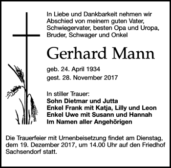 Traueranzeige von Gerhard Mann von Leipziger Volkszeitung