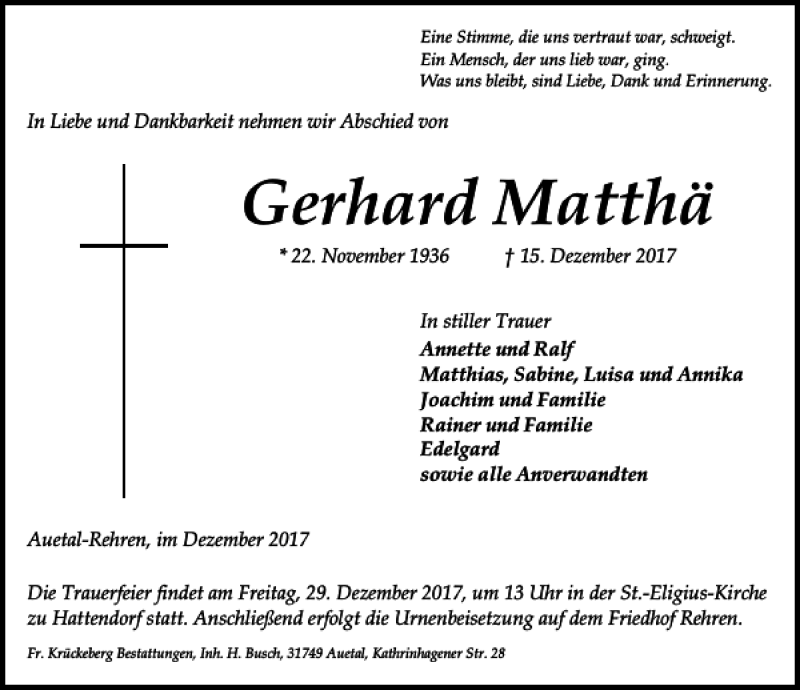  Traueranzeige für Gerhard Matthä vom 23.12.2017 aus Schaumburger Nachrichten