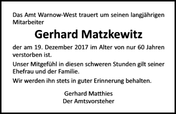 Traueranzeige von Gerhard Matzkewitz von Ostsee-Zeitung
