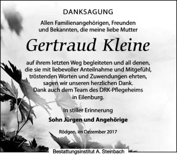 Traueranzeige von Gertraud Kleine von Leipziger Volkszeitung