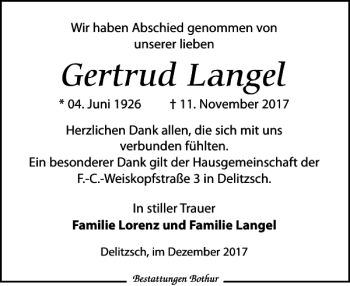 Traueranzeige von Gertrud Langel von Leipziger Volkszeitung