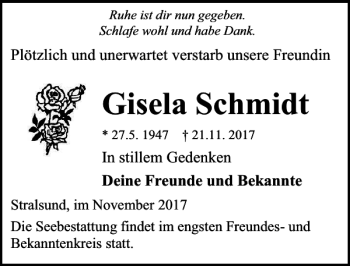 Traueranzeige von Gisela Schmidt von Ostsee-Zeitung