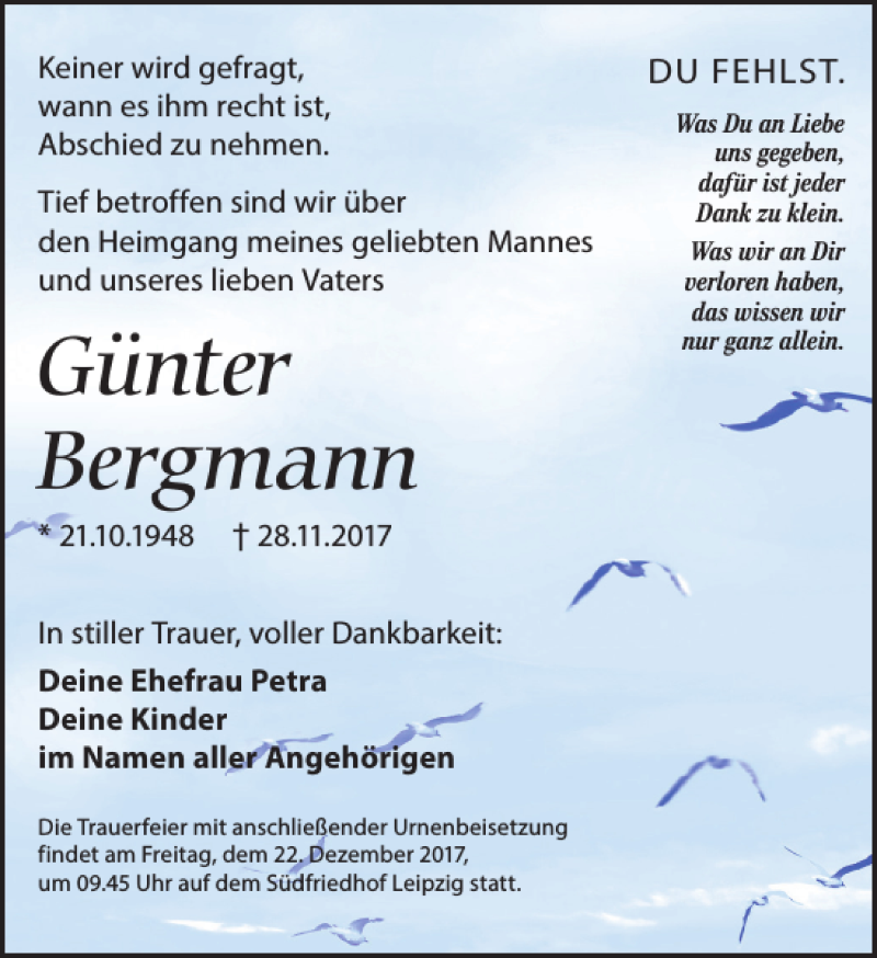 Traueranzeige für Günter Bergmann vom 16.12.2017 aus Leipziger Volkszeitung
