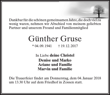Traueranzeige von Günther Gruse von MAZ-Trauer.de