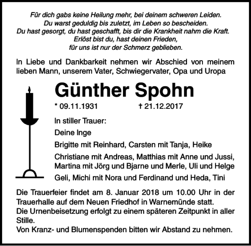  Traueranzeige für Günther Spohn vom 30.12.2017 aus Ostsee-Zeitung