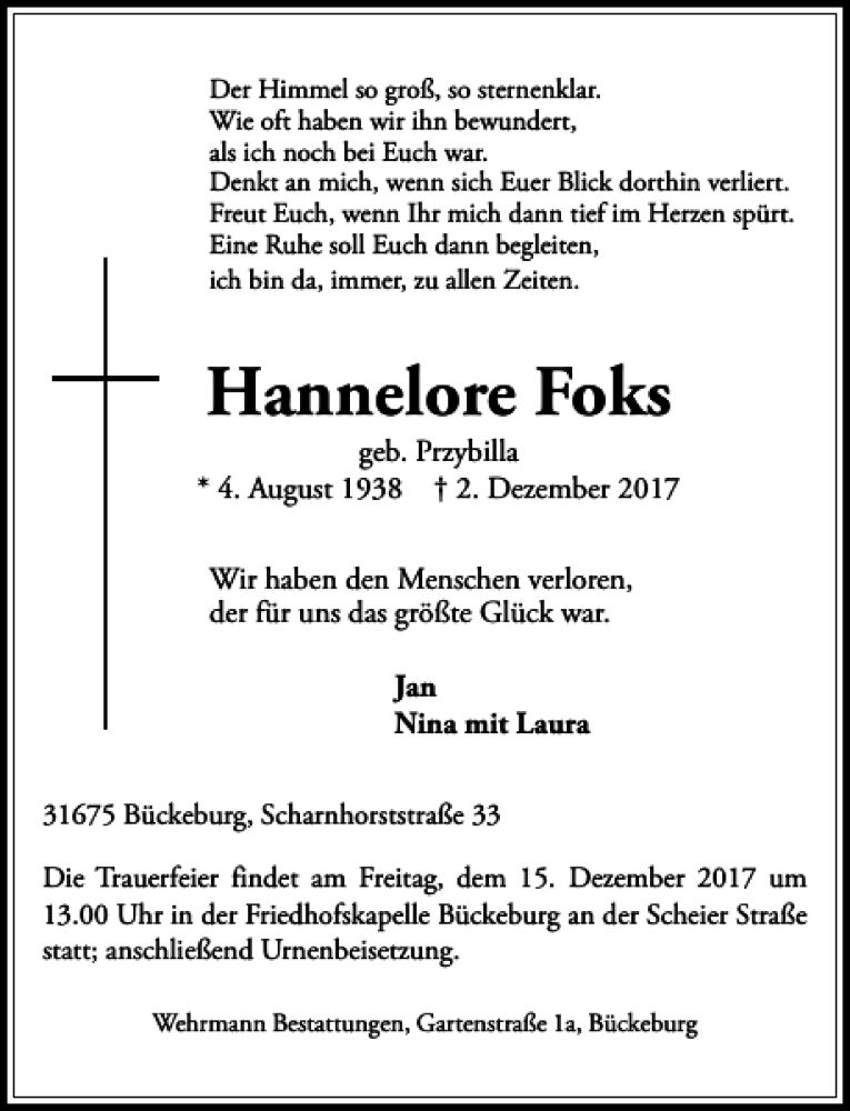  Traueranzeige für Hannelore Foks vom 09.12.2017 aus Schaumburger Nachrichten