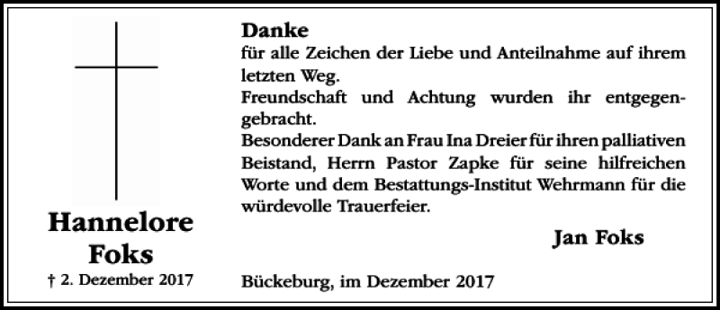  Traueranzeige für Hannelore Foks vom 30.12.2017 aus Schaumburger Nachrichten
