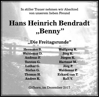 Traueranzeige von Hans-Heinrich Bendradt von Aller Zeitung / Wolfsburger Allgemeine