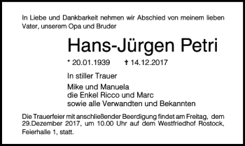 Traueranzeige von Hans-Jürgen Petri von Ostsee-Zeitung
