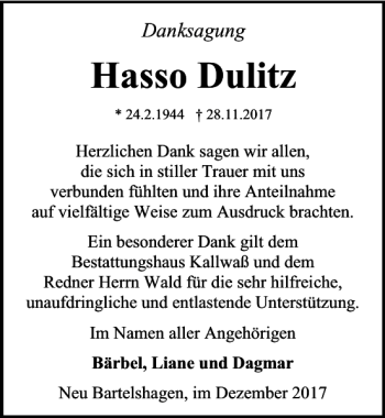 Traueranzeige von Hasso Dulitz von Ostsee-Zeitung