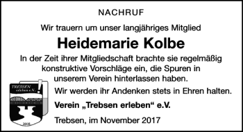 Traueranzeige von Heidemarie Kolbe von Leipziger Volkszeitung