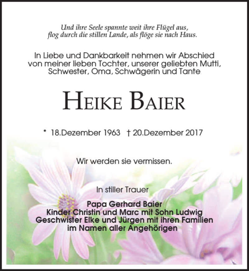  Traueranzeige für Heike Baier vom 23.12.2017 aus MAZ-Trauer.de