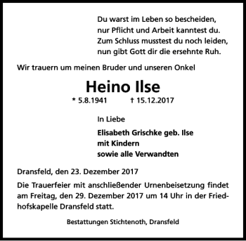 Traueranzeige von Heino Ilse von Göttinger Tageblatt