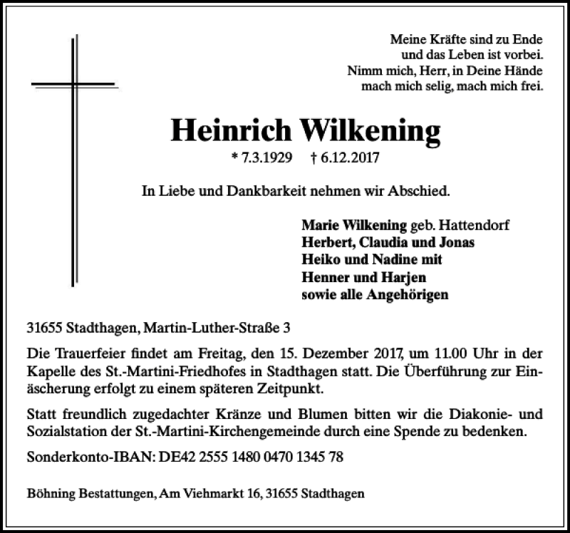  Traueranzeige für Heinrich Wilkening vom 09.12.2017 aus Schaumburger Nachrichten