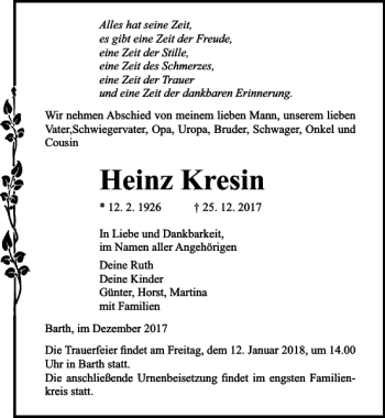 Traueranzeige von Heinz Kresin von Ostsee-Zeitung