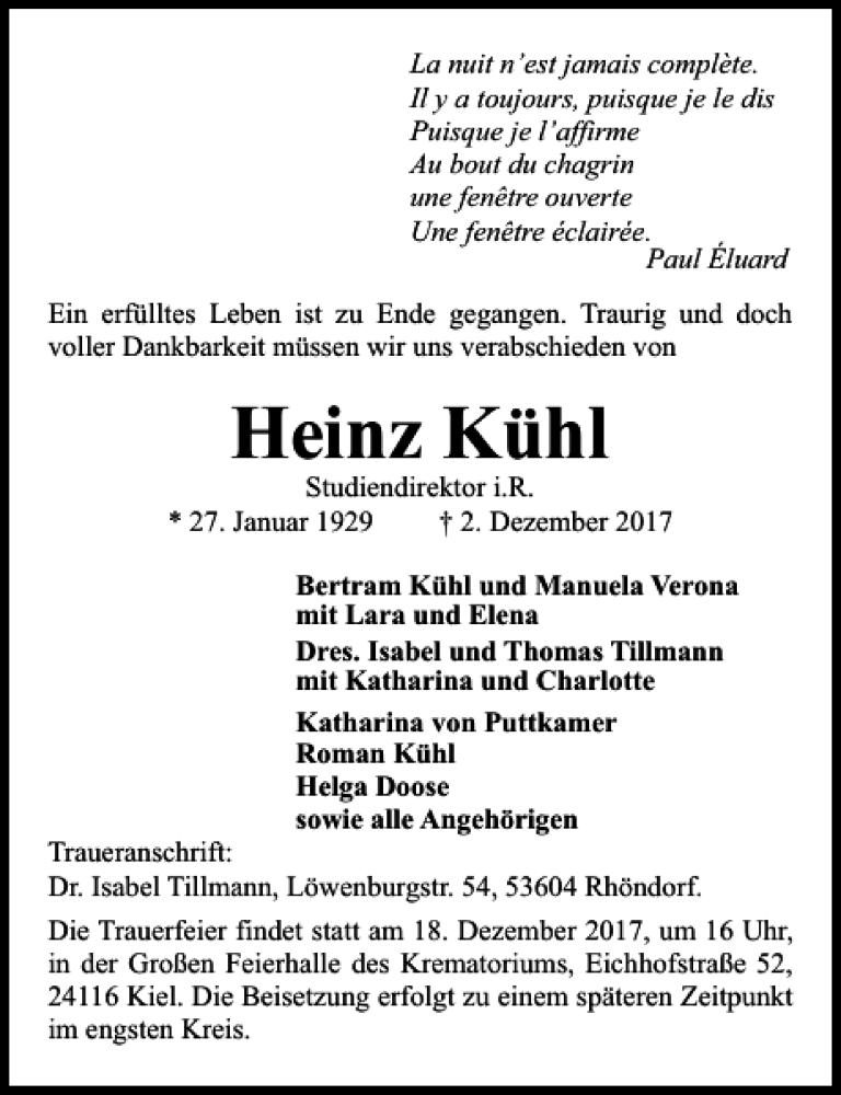  Traueranzeige für Heinz Kühl vom 09.12.2017 aus Kieler Nachrichten / Segeberger Zeitung