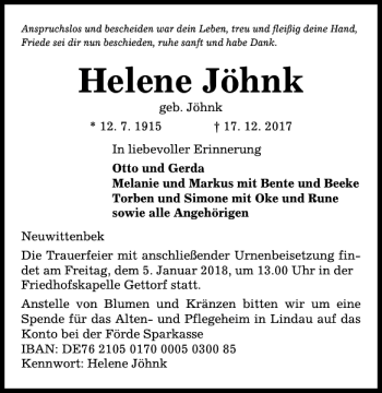Traueranzeige von Helene Jöhnk von Kieler Nachrichten / Segeberger Zeitung