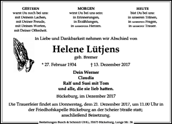 Traueranzeige von Helene Lütjens von Schaumburger Nachrichten