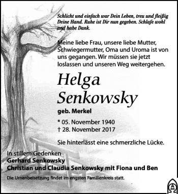 Traueranzeige von Helga Senkowsky von Leipziger Volkszeitung