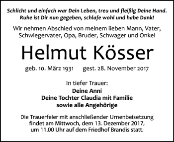 Traueranzeige von Helmut Kösser von Leipziger Volkszeitung