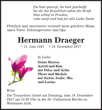Traueranzeige von Hermann Draeger von Kieler Nachrichten / Segeberger Zeitung