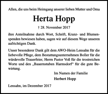 Traueranzeige von Herta Hopp von Lübecker Nachrichten