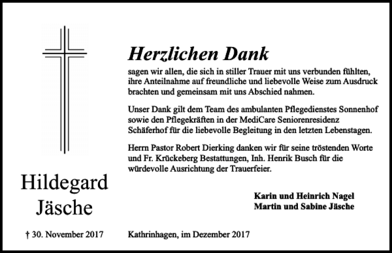  Traueranzeige für Hildegard Jäsche vom 23.12.2017 aus Schaumburger Nachrichten