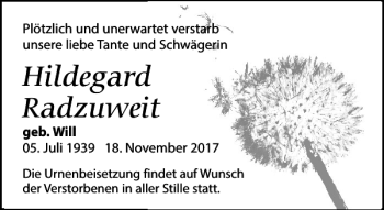 Traueranzeige von Hildegard Radzuweit von Leipziger Volkszeitung