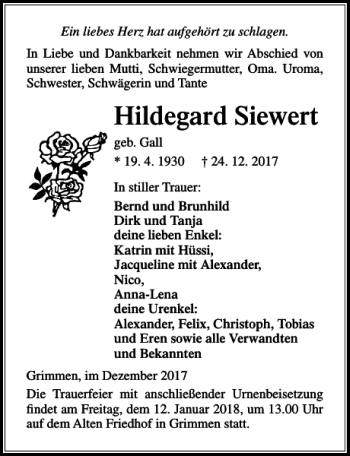 Traueranzeige von Hildegard Siewert von Ostsee-Zeitung