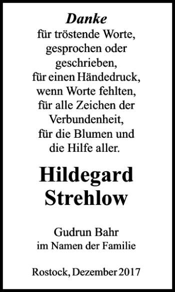 Traueranzeige von Hildegard Strehlow von Ostsee-Zeitung